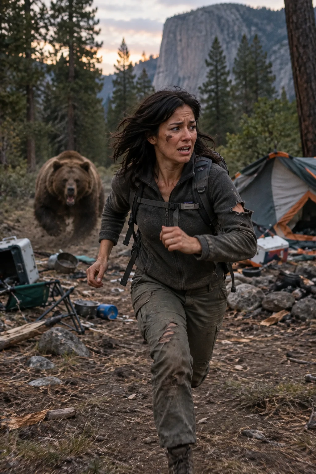 Woman running from a bear in a campsite scene, GPT Image 2.5 Flare